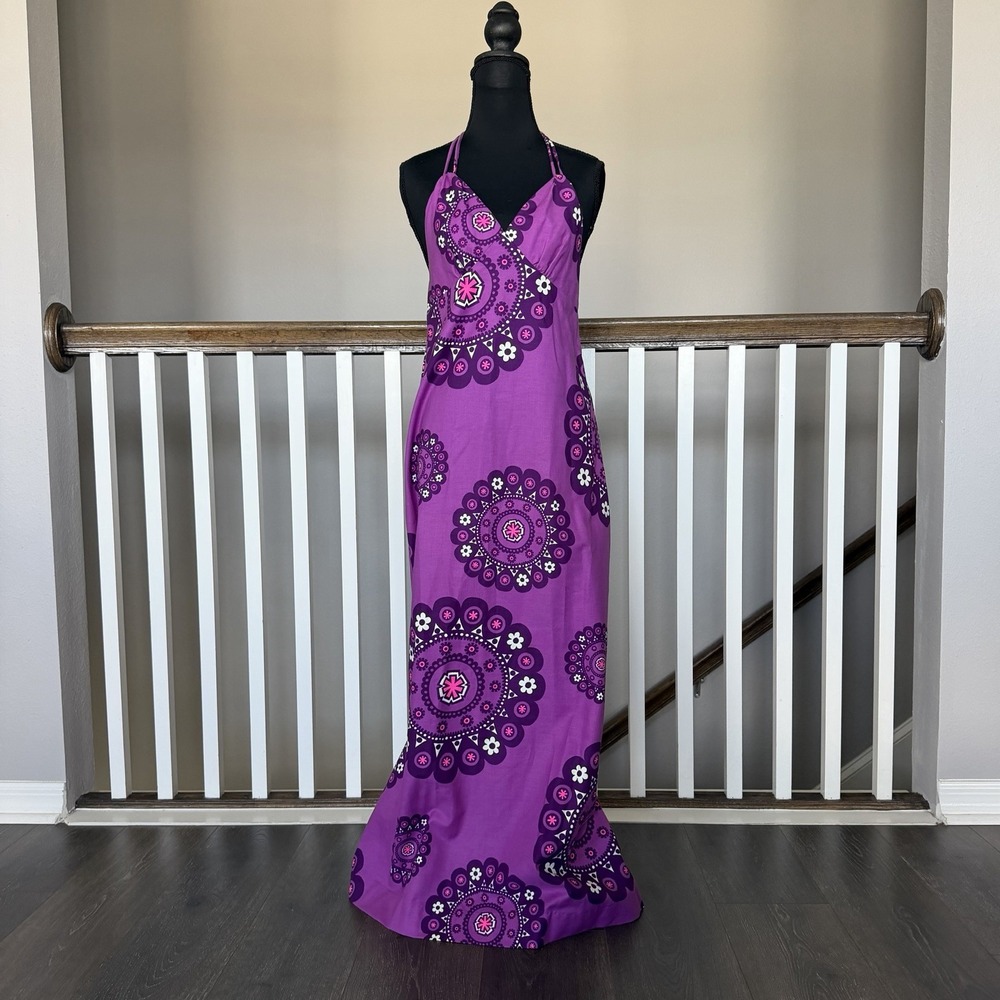 Vintage Holo-Hole Halter Hawaii Aloha Maxi Dress Purple Sz 8 Tropical Resort 70s